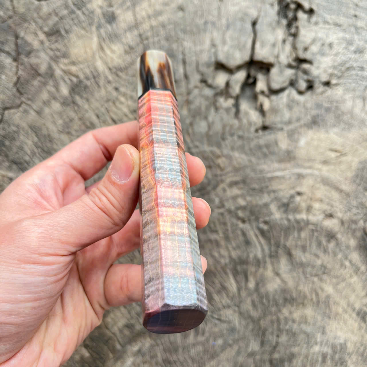 I -4 Stabilized curly wood Wa handle, Cream marble horn ferrule, black spacer, 145mm