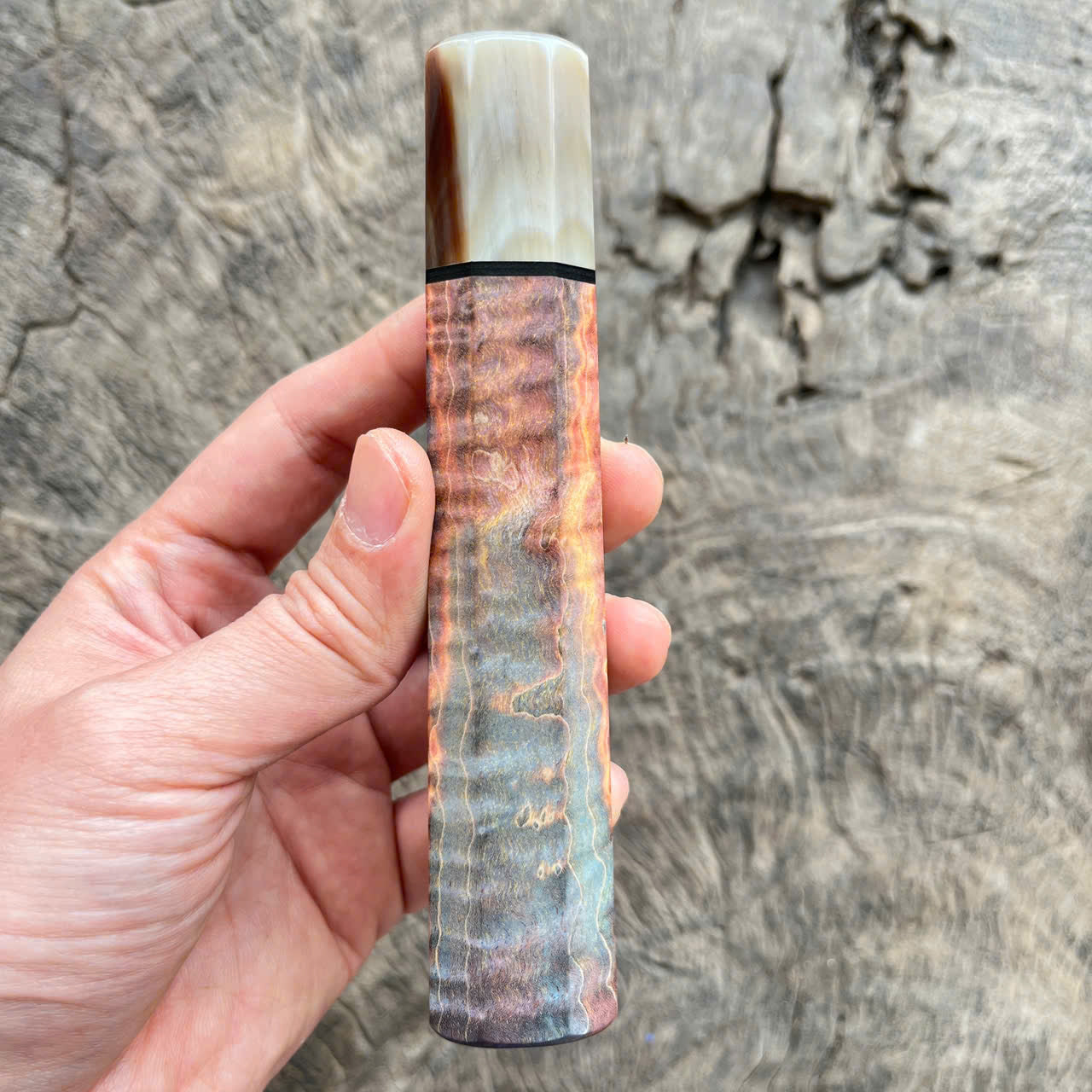 I -4 Stabilized curly wood Wa handle, Cream marble horn ferrule, black spacer, 145mm