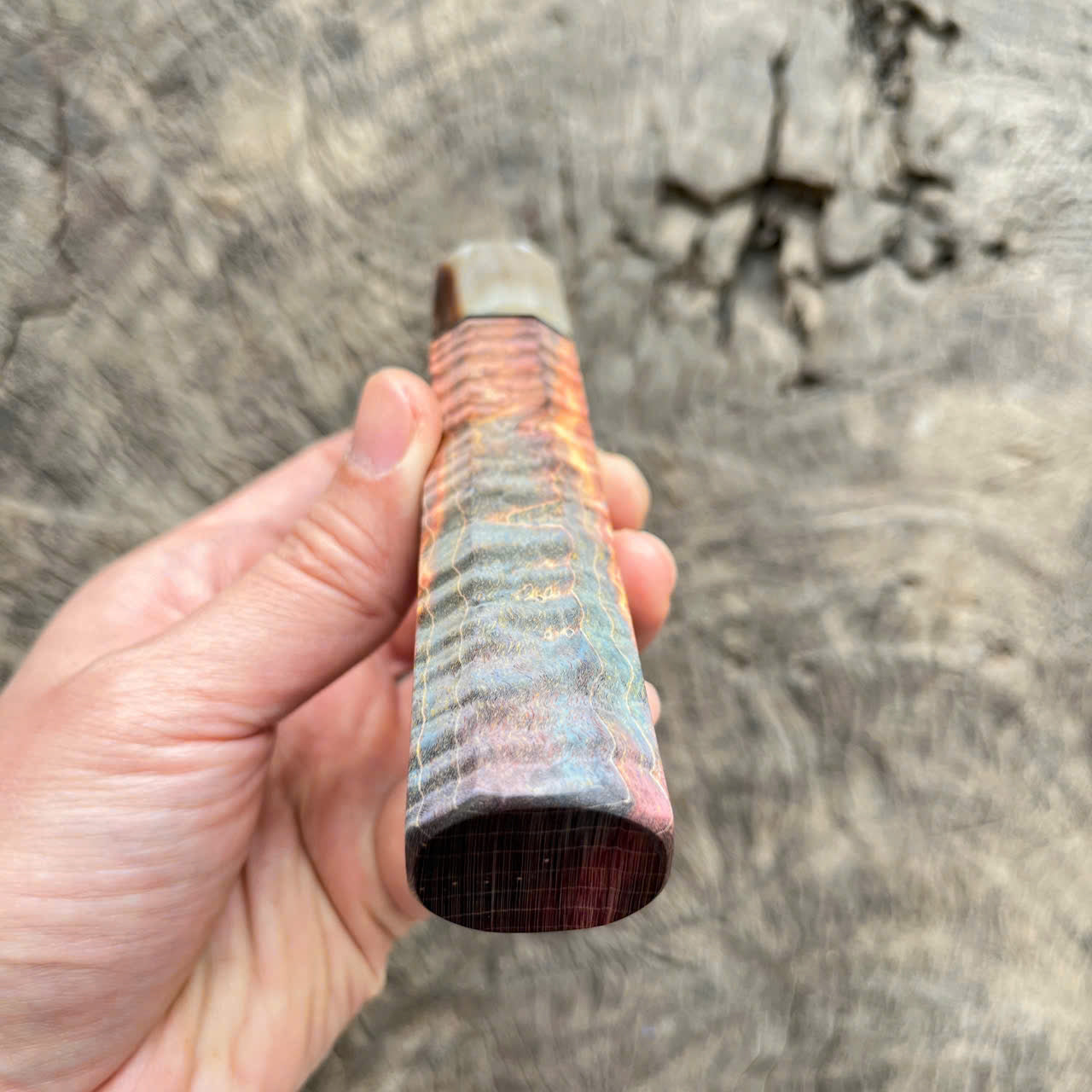 I -4 Stabilized curly wood Wa handle, Cream marble horn ferrule, black spacer, 145mm
