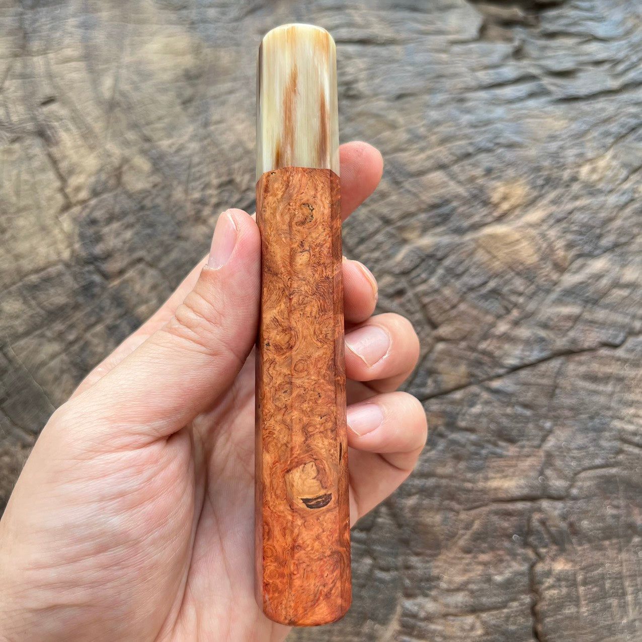 I- 9 Amboyna burl Wa handle with marble horn ferrule - 135mm