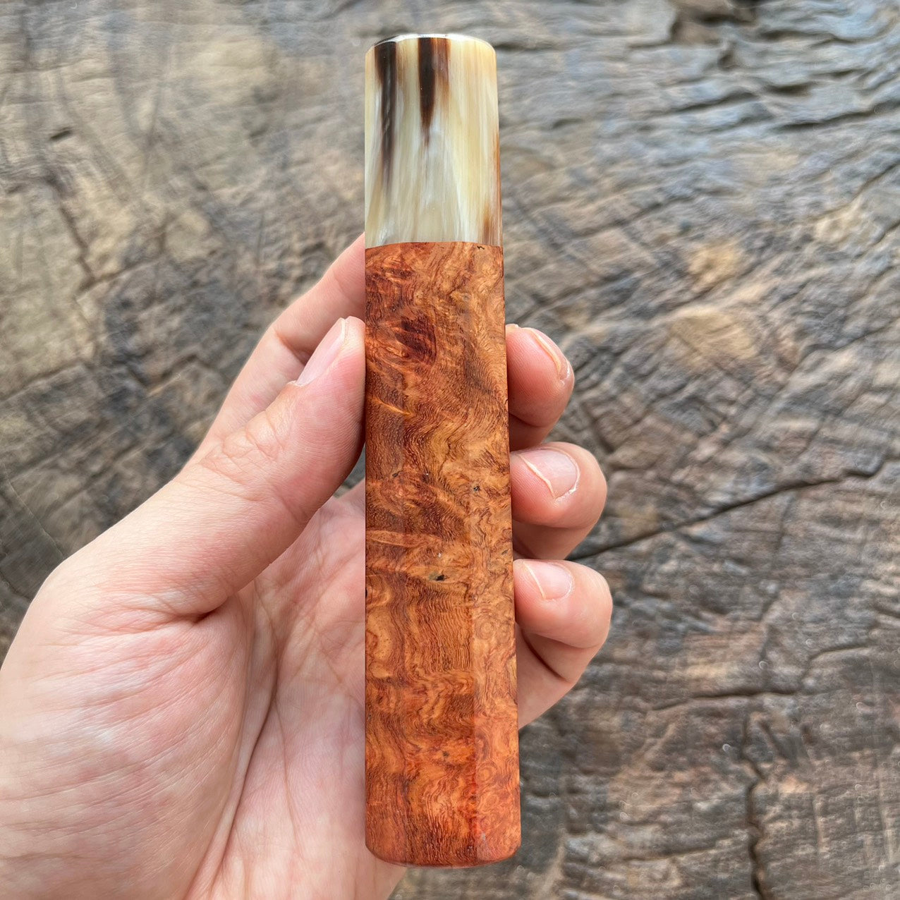 I- 9 Amboyna burl Wa handle with marble horn ferrule - 135mm