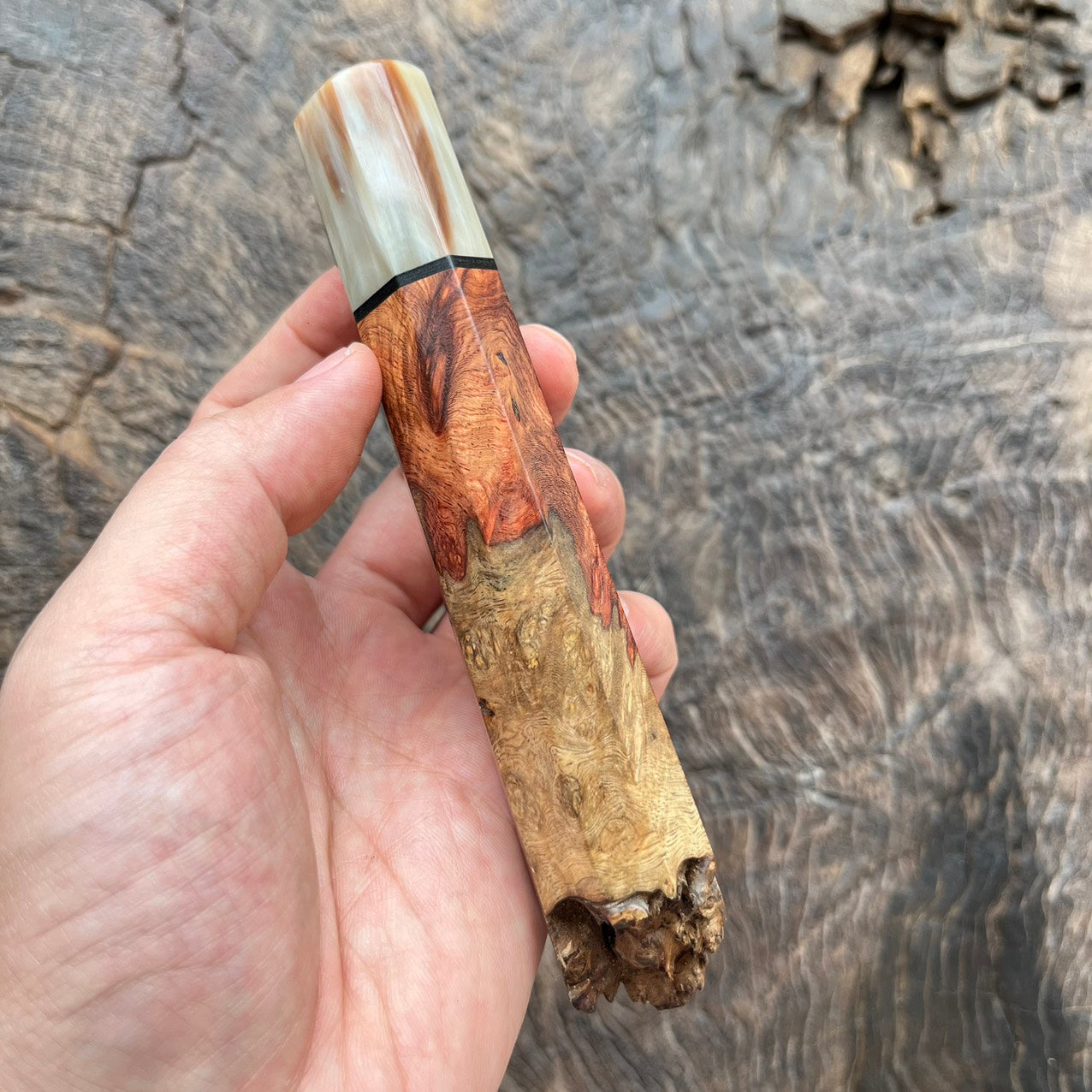I -2 Live Edge Amboyna burl Wa handle with marble horn and black G10 spacer - 145mm