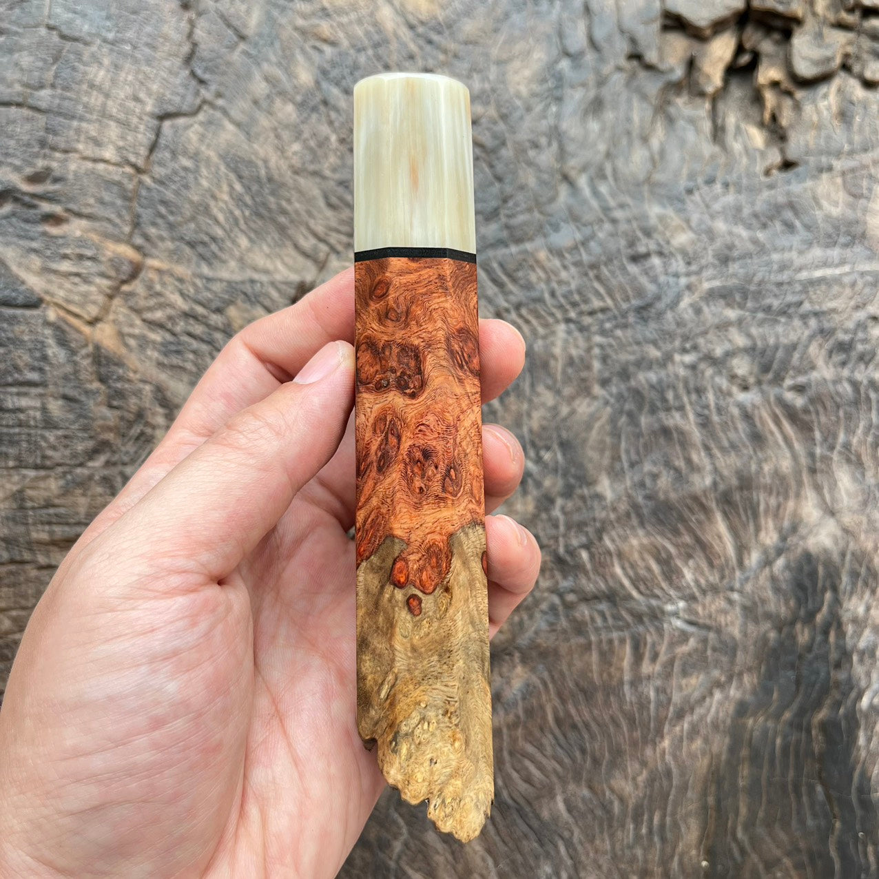 I -2 Live Edge Amboyna burl Wa handle with marble horn and black G10 spacer - 145mm