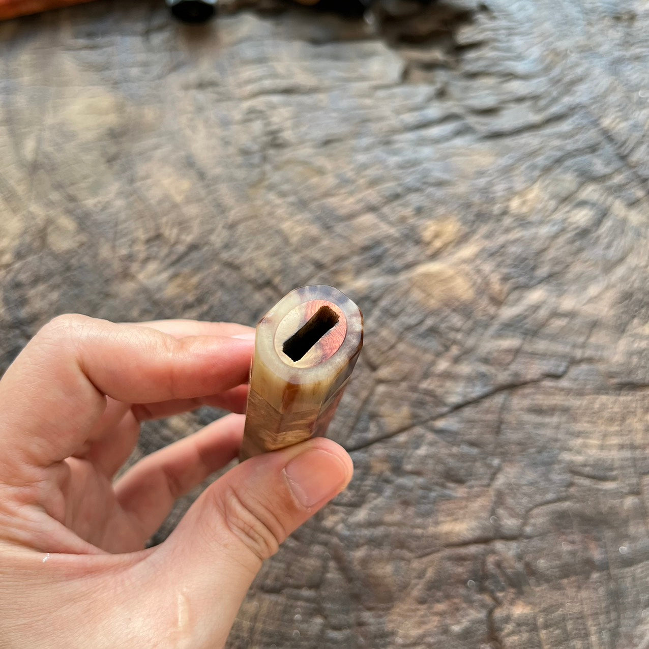 I- 7 Amboyna Burl Wa handle with short marble horn ferrule and end cap - 140mm