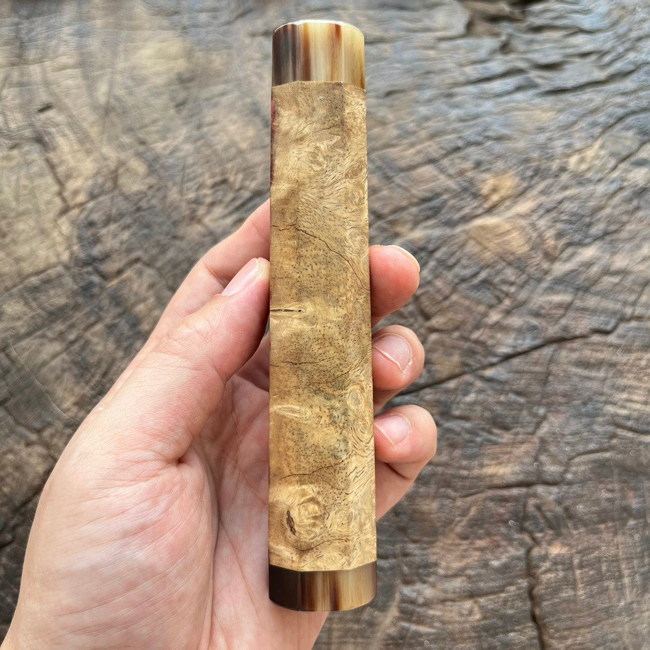 I- 7 Amboyna Burl Wa handle with short marble horn ferrule and end cap - 140mm