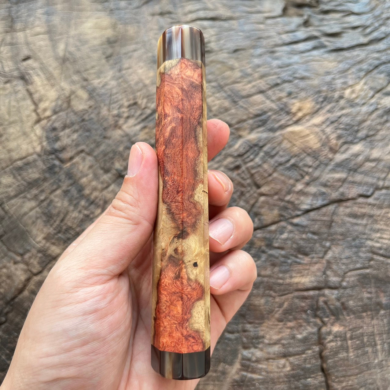 I- 7 Amboyna Burl Wa handle with short marble horn ferrule and end cap - 140mm