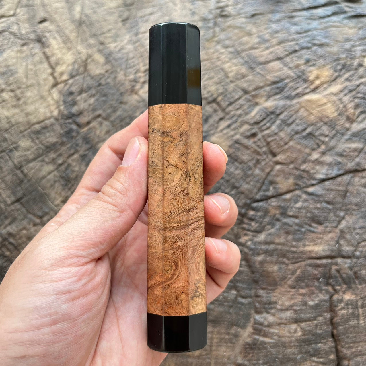 I- 4 Viet Ironwood Burl Wa handle with black horn ferrule and end cap- 135mm