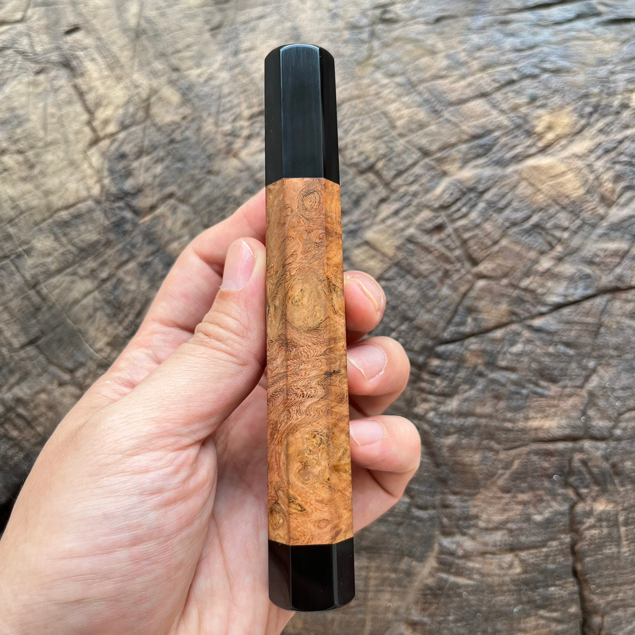 I- 4 Viet Ironwood Burl Wa handle with black horn ferrule and end cap- 135mm