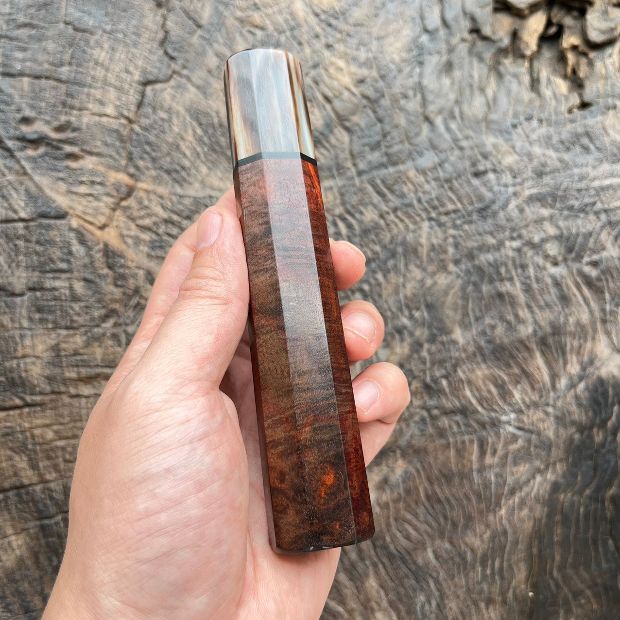 I -Rare Curly Red Siam Rosewood Wa handle with marble horn, black G10 spacer - 145mm