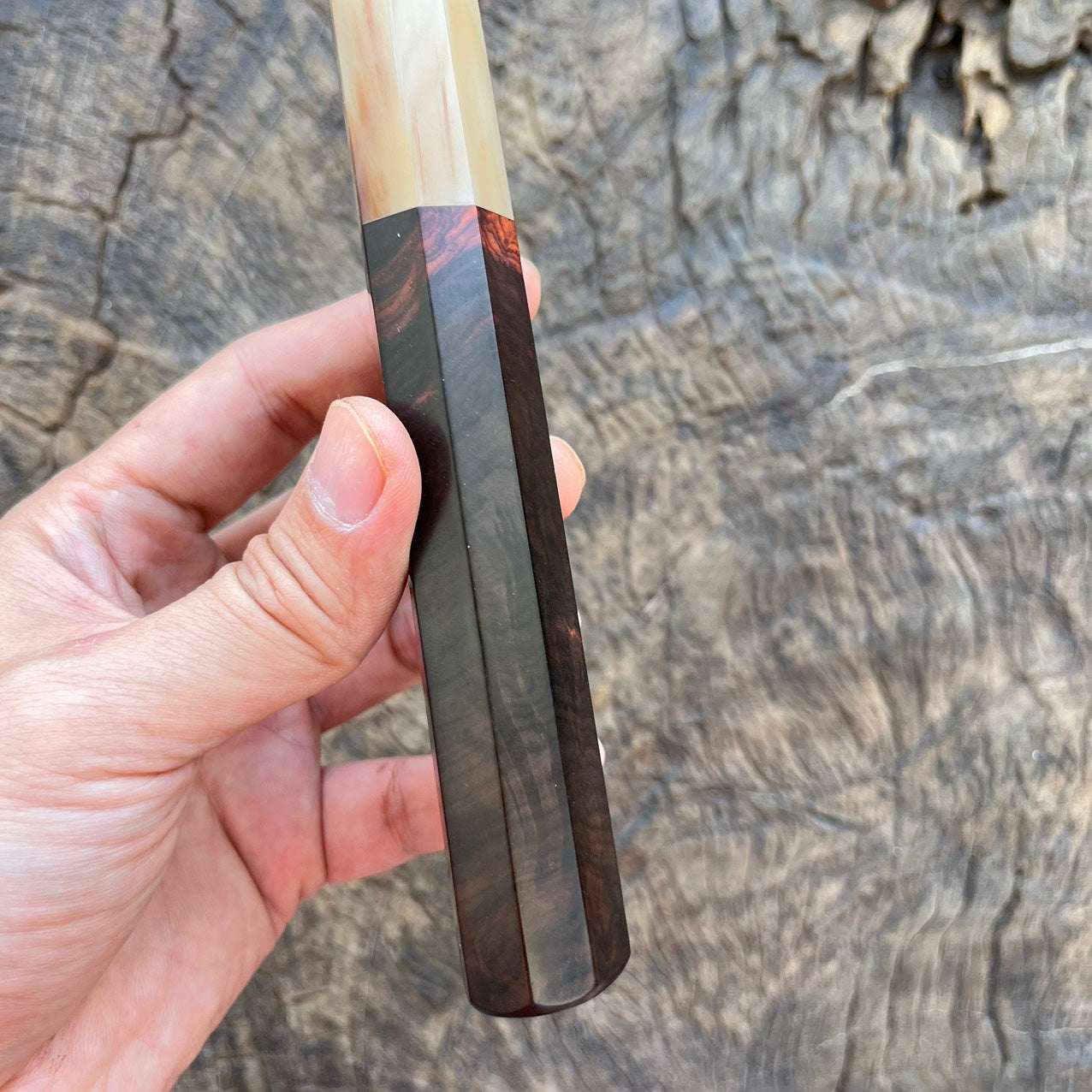 I - 3 Rare Black Red curly Siam Rosewood Wa handle with marble horn- 145mm