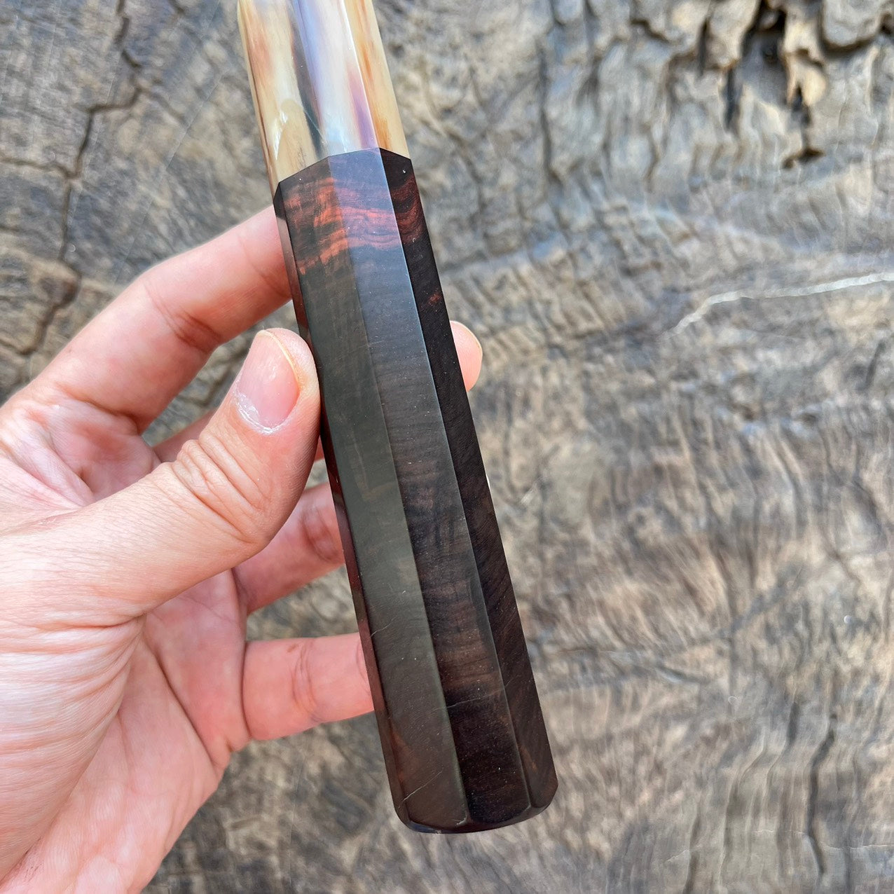I - 3 Rare Black Red curly Siam Rosewood Wa handle with marble horn- 145mm