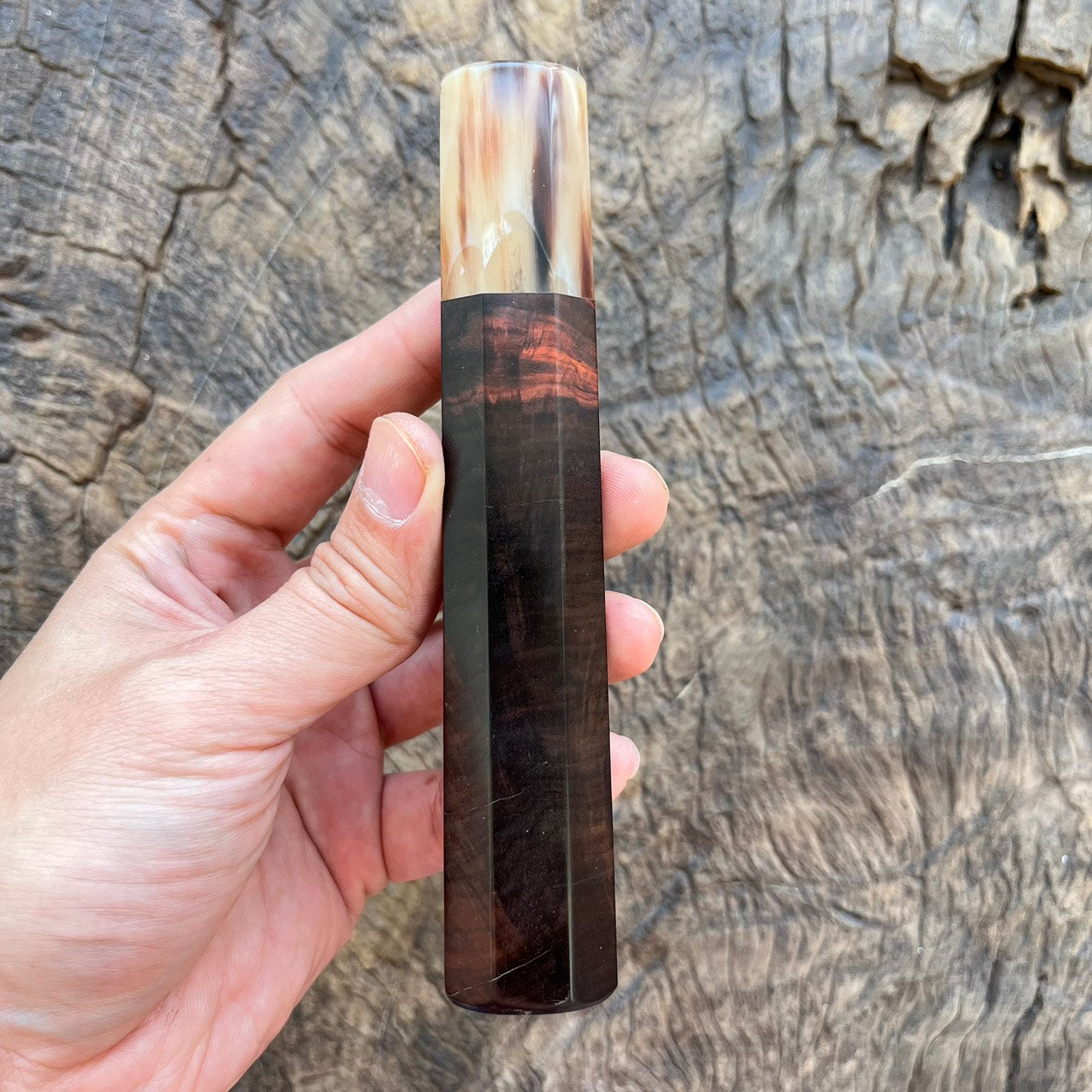 I - 3 Rare Black Red curly Siam Rosewood Wa handle with marble horn- 145mm