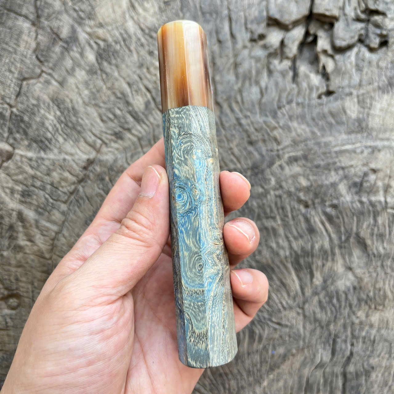 I - Light blue stabilized wood Wa handle, marble horn ferrule - 140mm