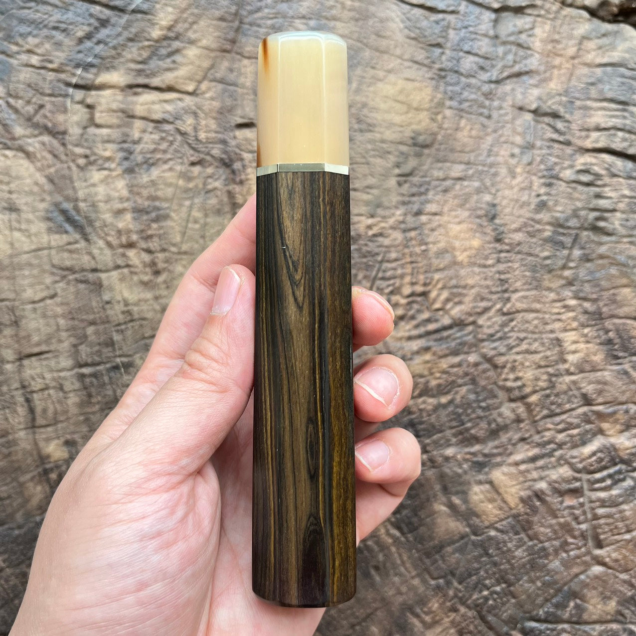 I- Ebony Wa handle with marble horn ferrule and nickel spacer, 145mm