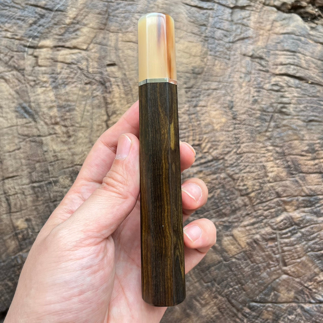 I- Ebony Wa handle with marble horn ferrule and nickel spacer, 145mm