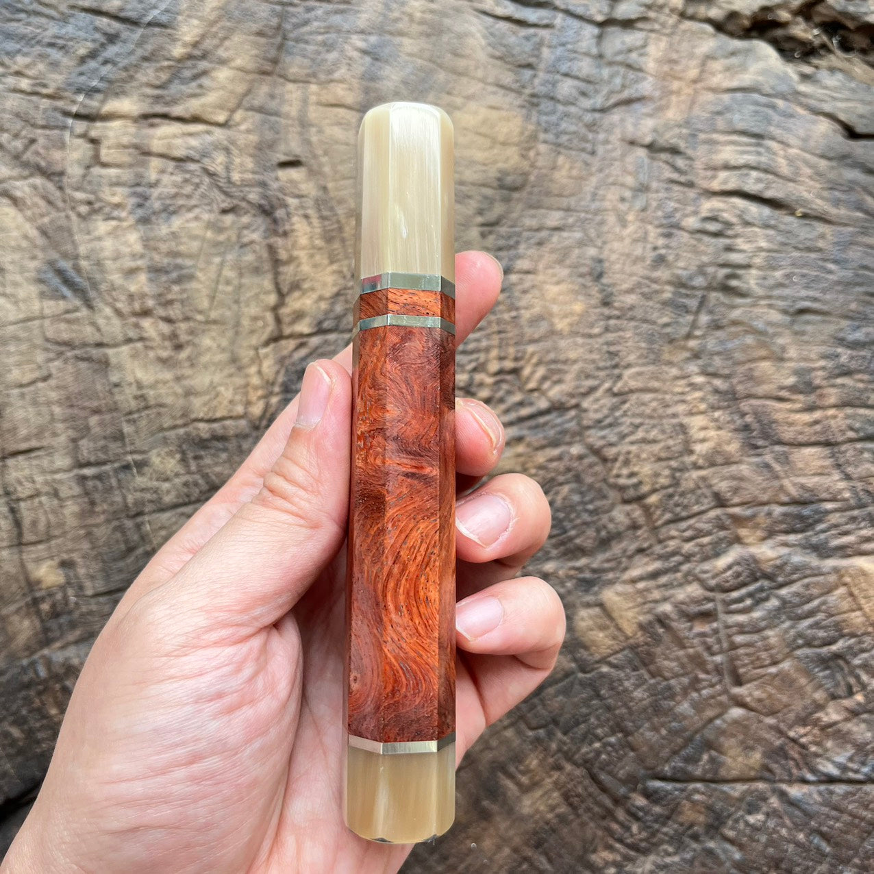 I- Amboyna Burl Wa handle with marble horn ferrule, end cap and nickel ring - 140mm