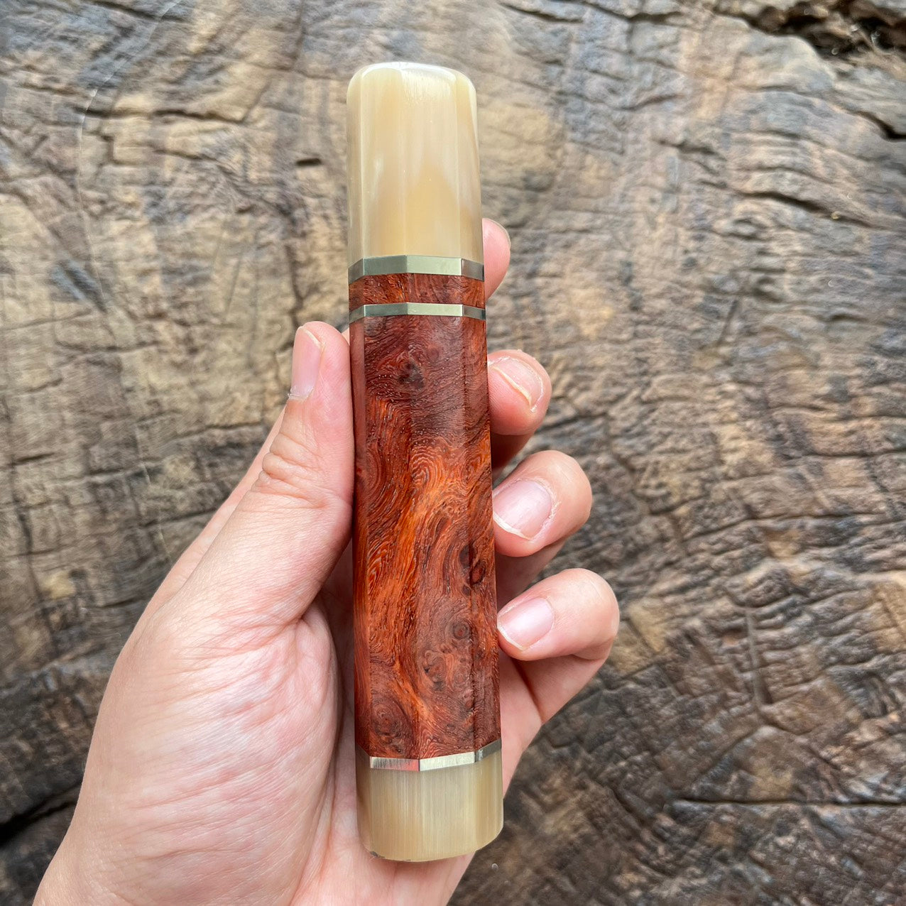 I- Amboyna Burl Wa handle with marble horn ferrule, end cap and nickel ring - 140mm