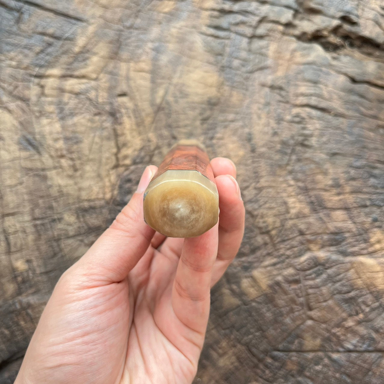 I- Amboyna Burl Wa handle with marble horn ferrule, end cap and nickel ring - 140mm