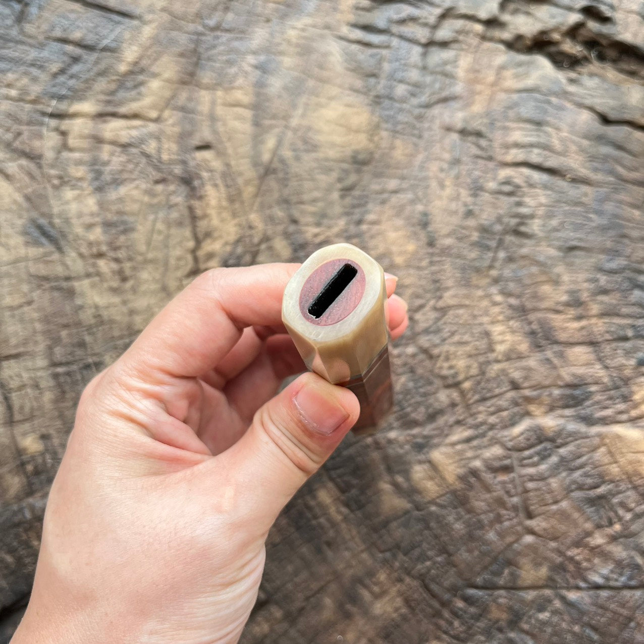 I- Amboyna Burl Wa handle with marble horn ferrule, end cap and nickel ring - 140mm