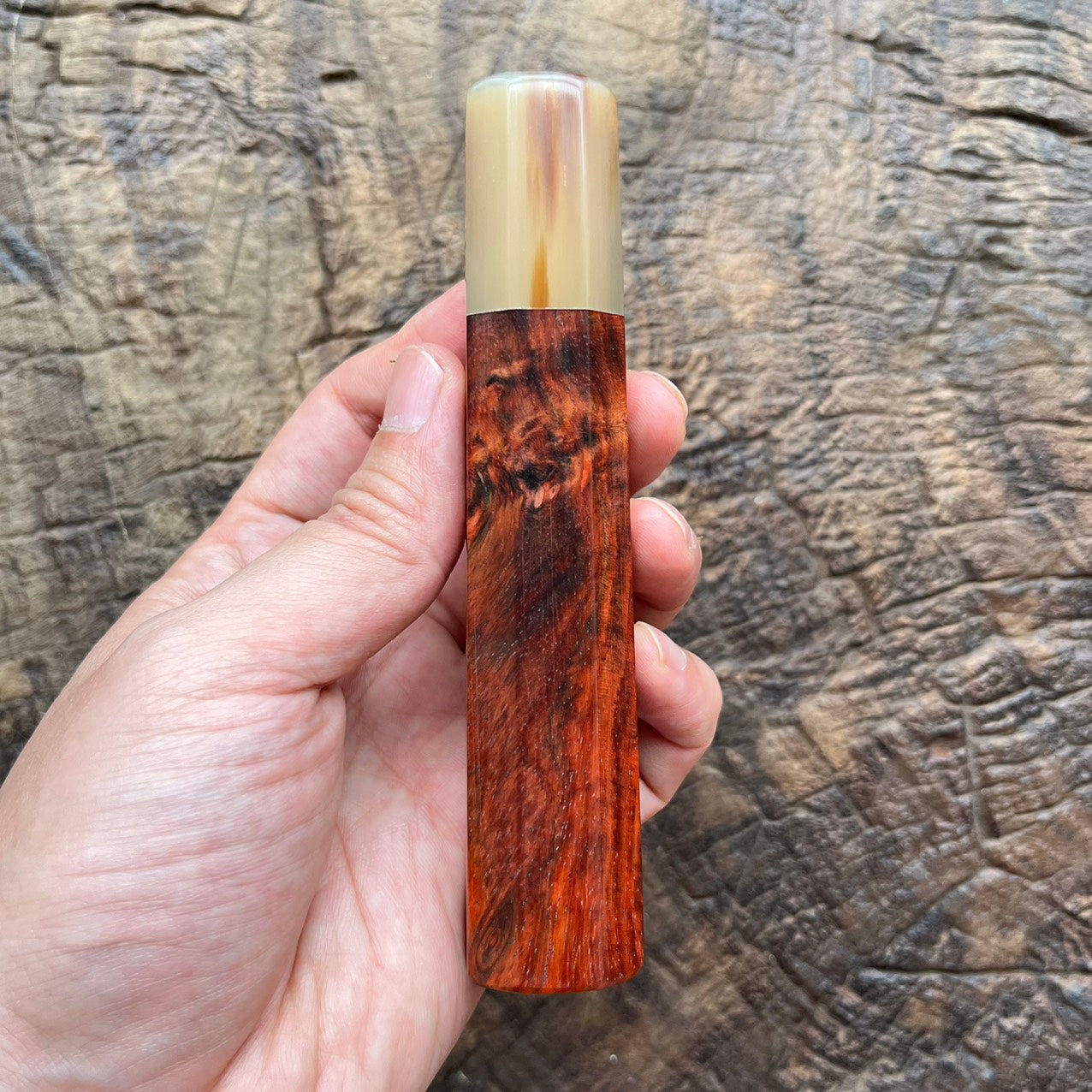I- Curly Burl Siamese Rosewood Wa handle with marble horn- 130mm