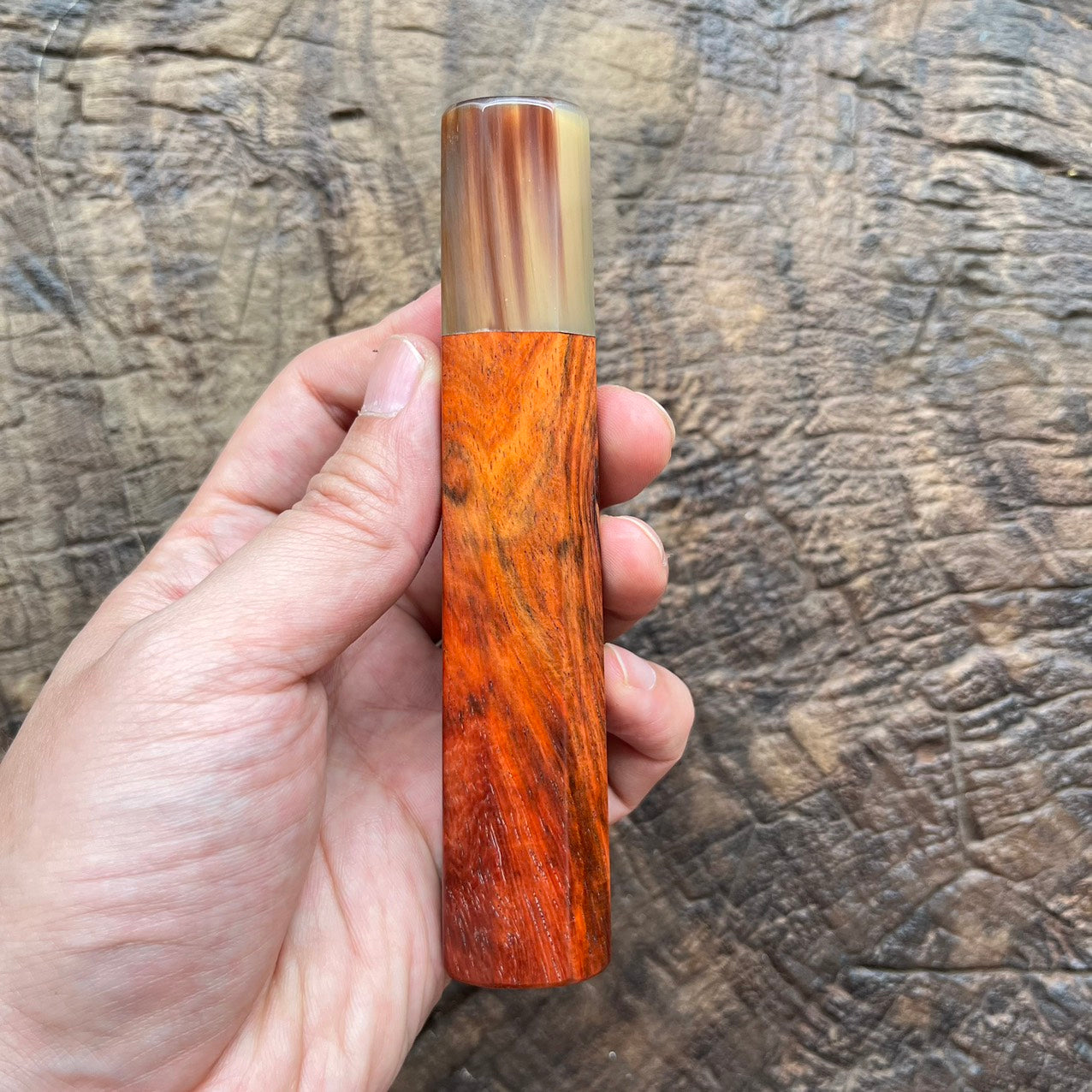 I- Curly Burl Siamese Rosewood Wa handle with marble horn- 130mm