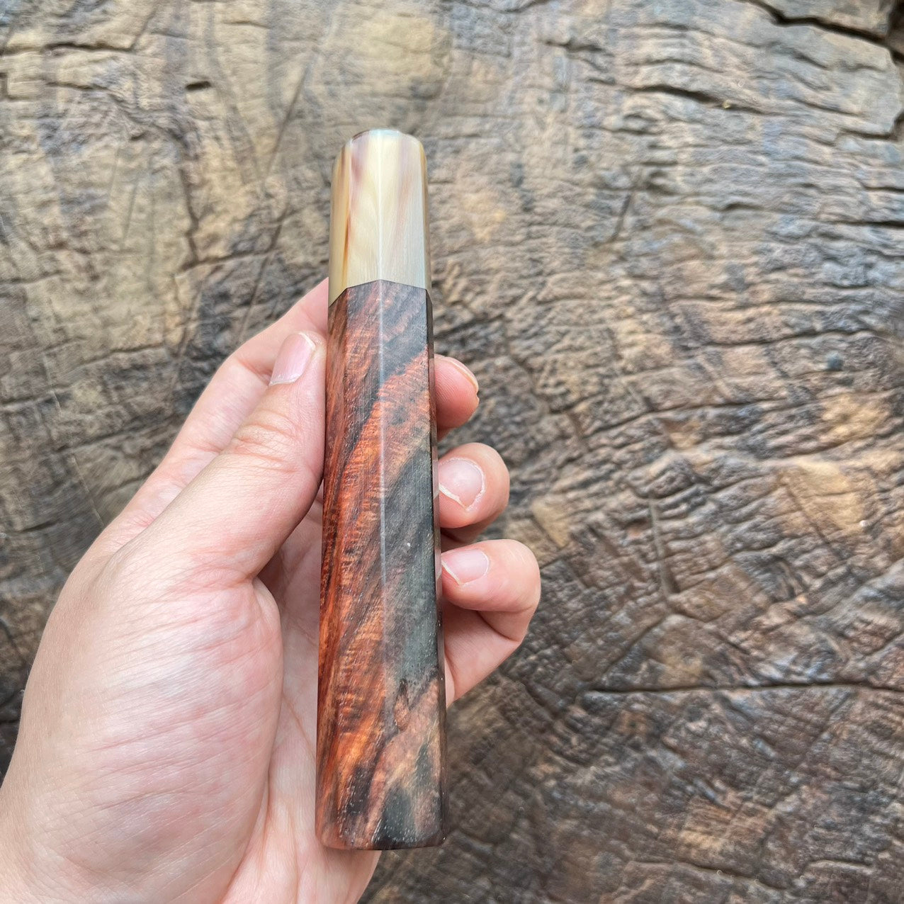 I- 5 Curly Burl Rosewood Wa handle with marble horn - 140mm