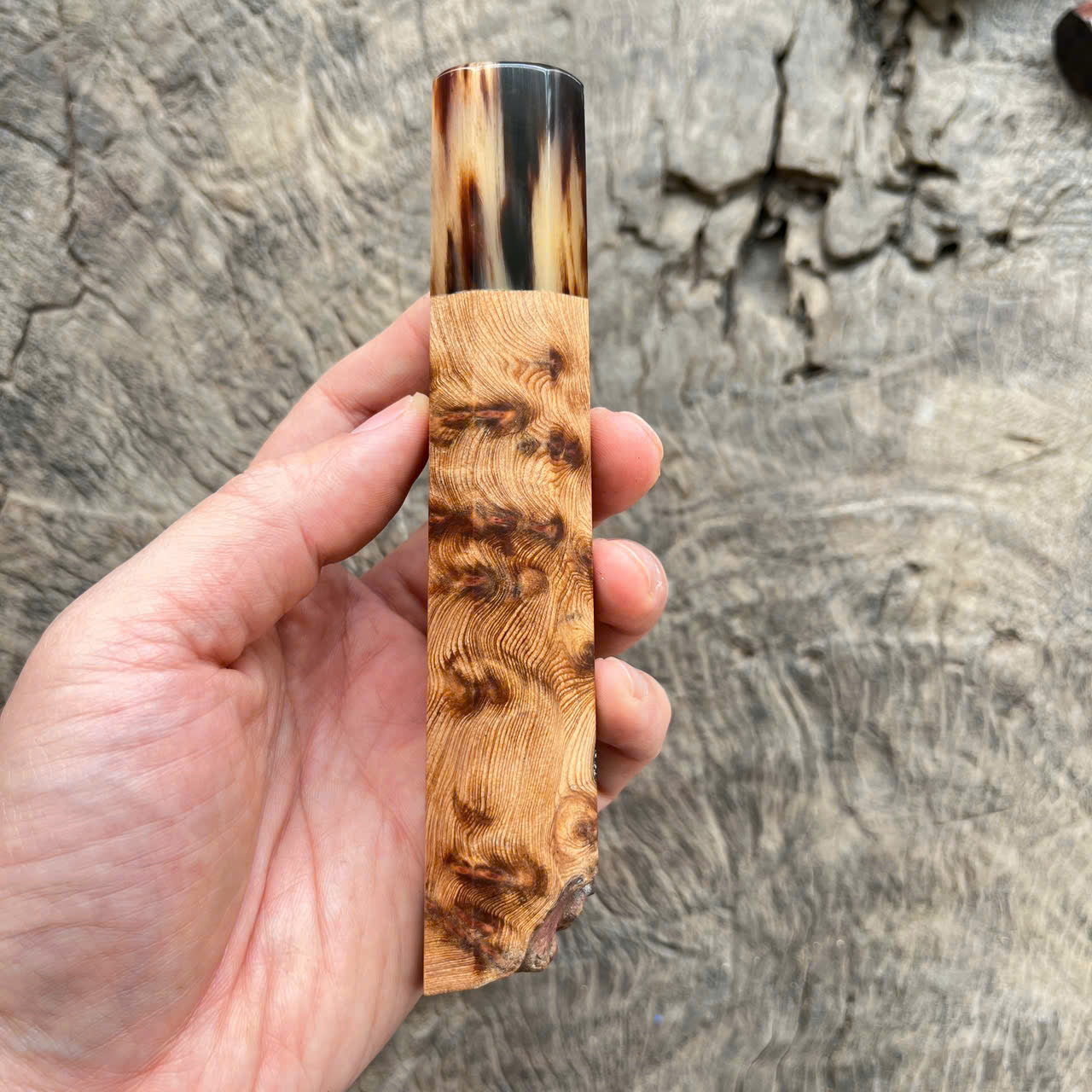 I - Live Edge Viet Cedar Burl wood Wa handle, marble horn ferrule- 145mm