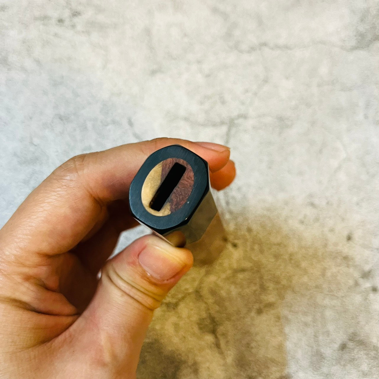 I- Two tone amboyna Wa handle with black horn ferrule and copper spacer, 140mm