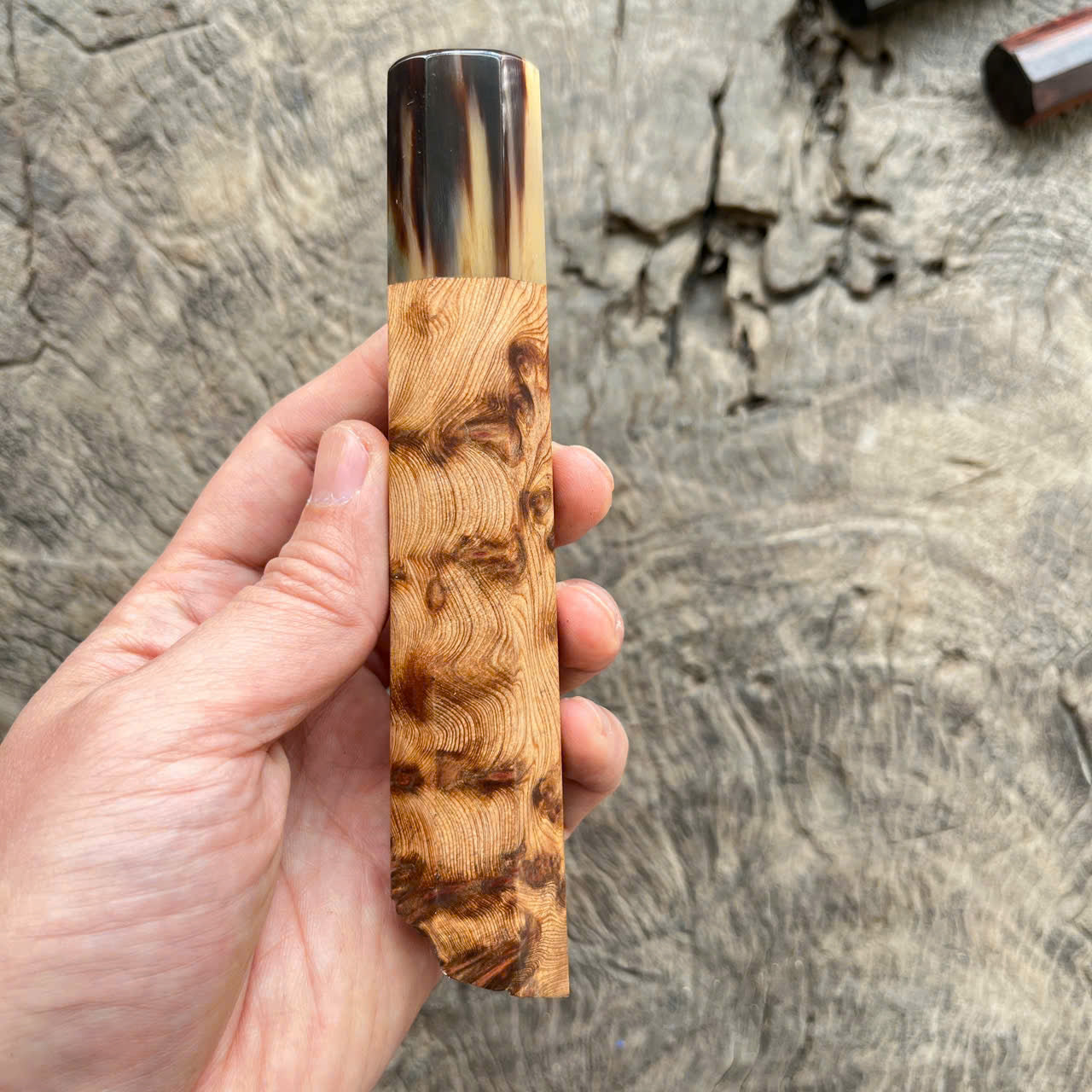 I - Live Edge Viet Cedar Burl wood Wa handle, marble horn ferrule- 145mm