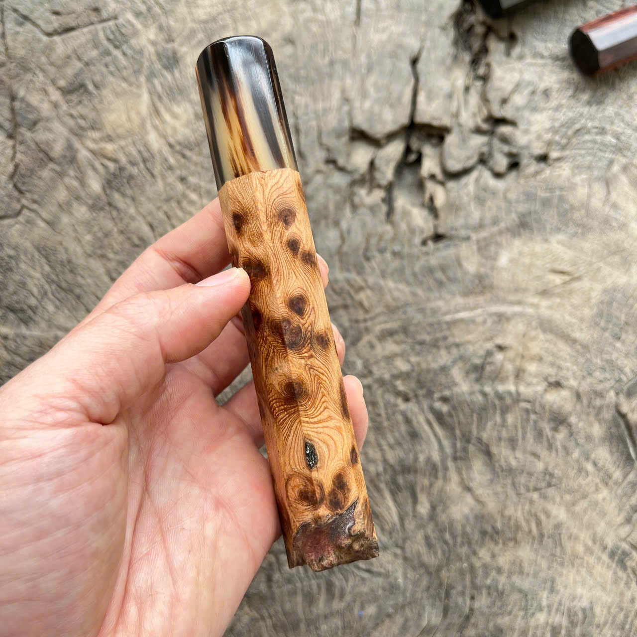 I - Live Edge Viet Cedar Burl wood Wa handle, marble horn ferrule- 145mm