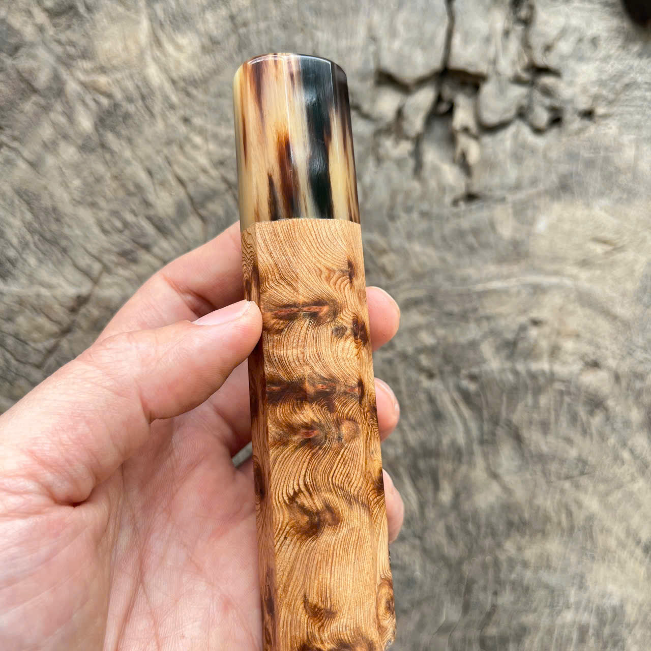 I - Live Edge Viet Cedar Burl wood Wa handle, marble horn ferrule- 145mm