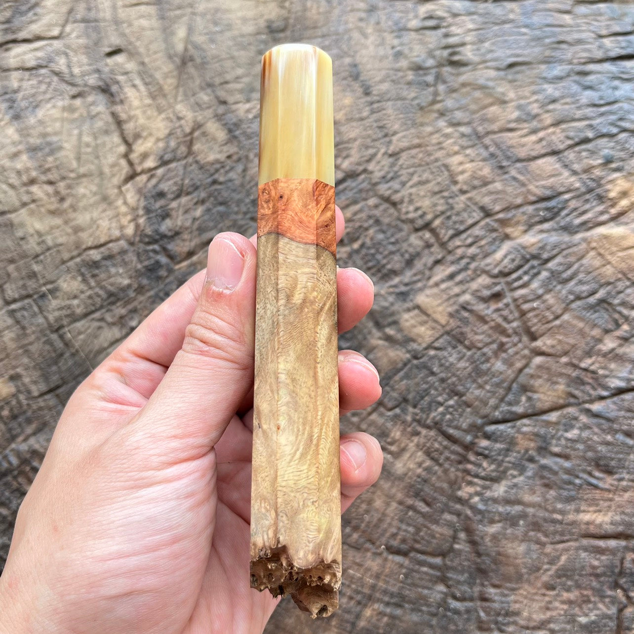 I- Two tone Amboyna Wa handle with marble horn ferrule, natural end cap - 145mm