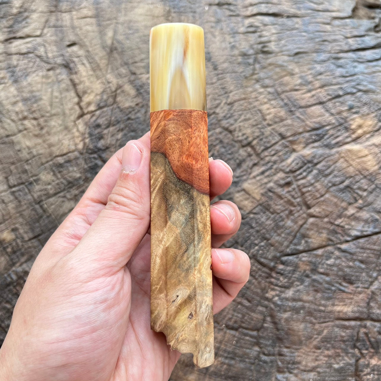 I- Two tone Amboyna Wa handle with marble horn ferrule, natural end cap - 145mm