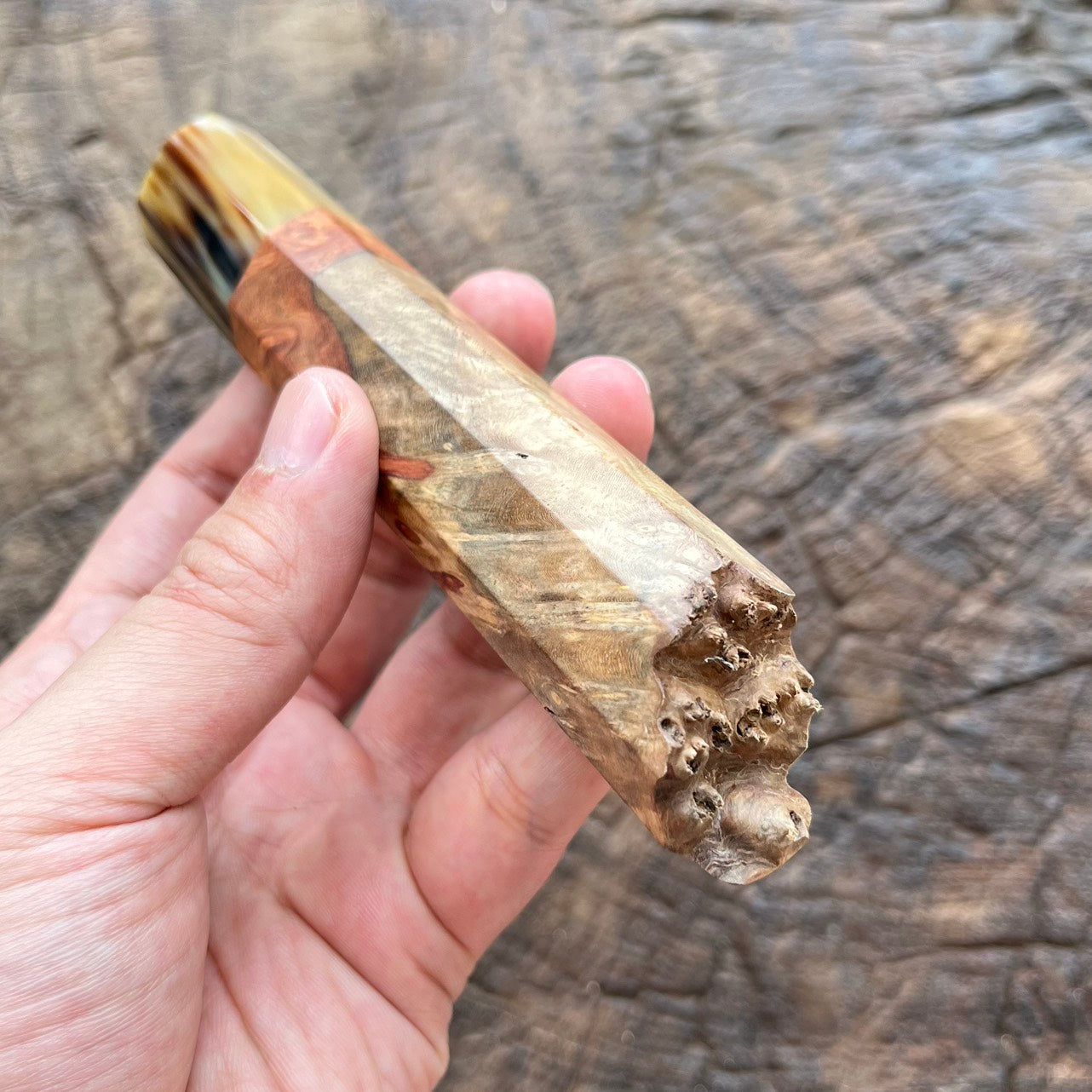 I- Two tone Amboyna Wa handle with marble horn ferrule, natural end cap - 145mm