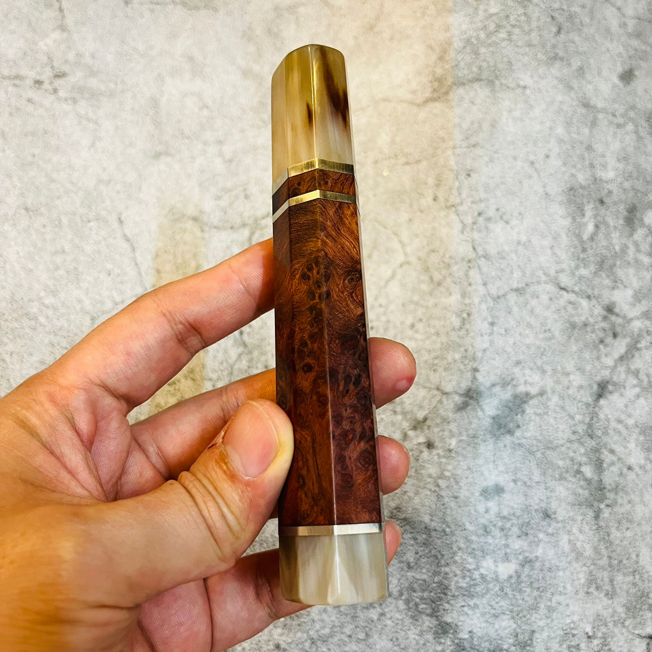 Amboyna burl wood Wa handle with Horn Ferrule and Nickel ring