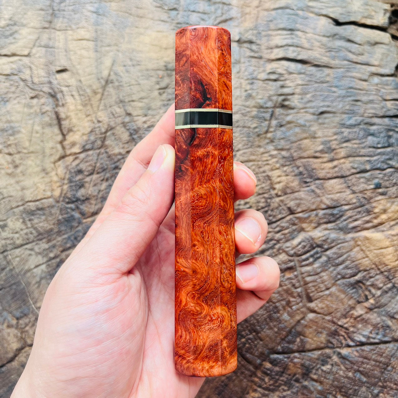 I- 5 Burl Amboyna Wa handle with marble horn, nickel ring - 140mm