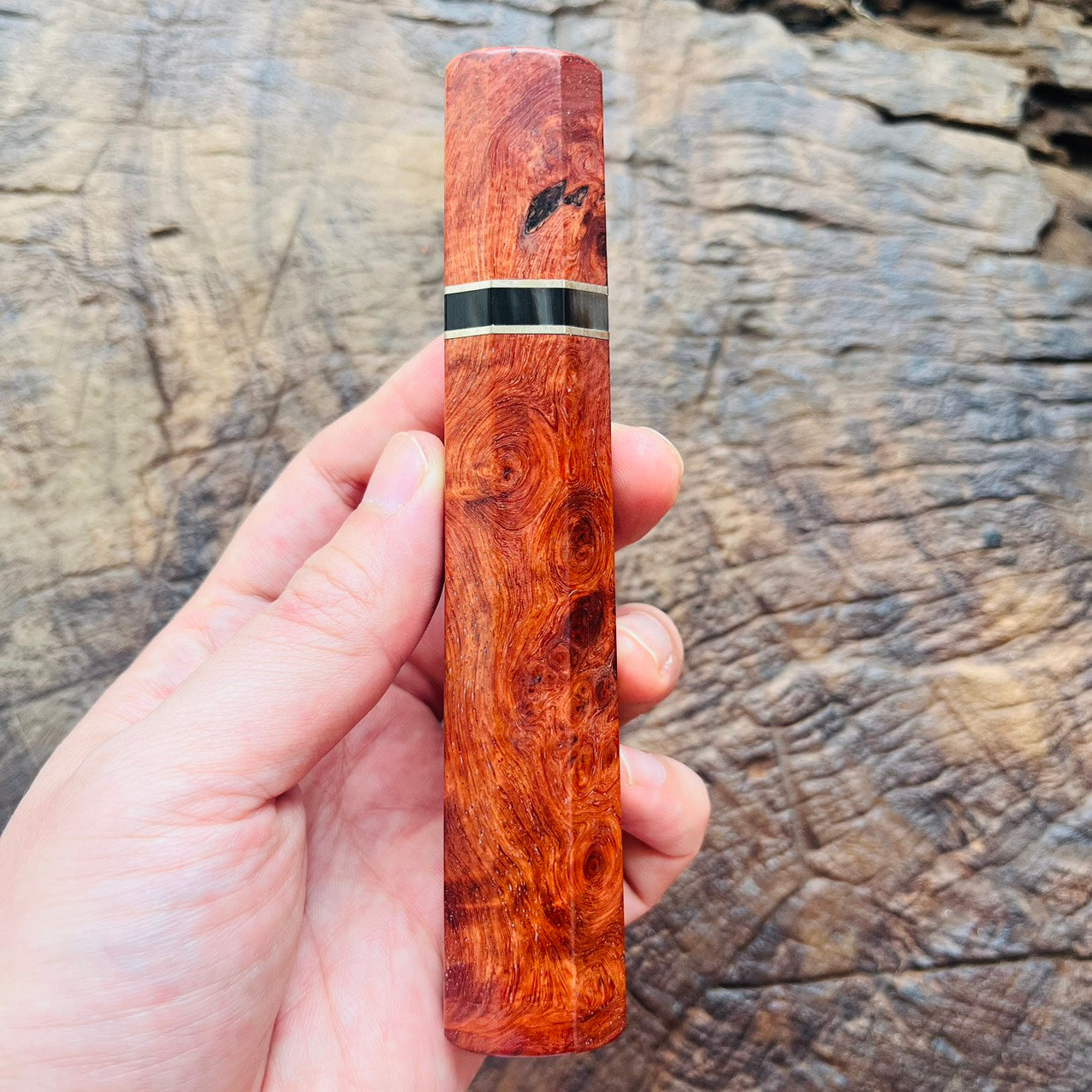I- 5 Burl Amboyna Wa handle with marble horn, nickel ring - 140mm