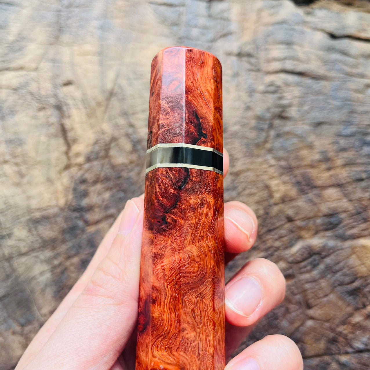 I- 5 Burl Amboyna Wa handle with marble horn, nickel ring - 140mm