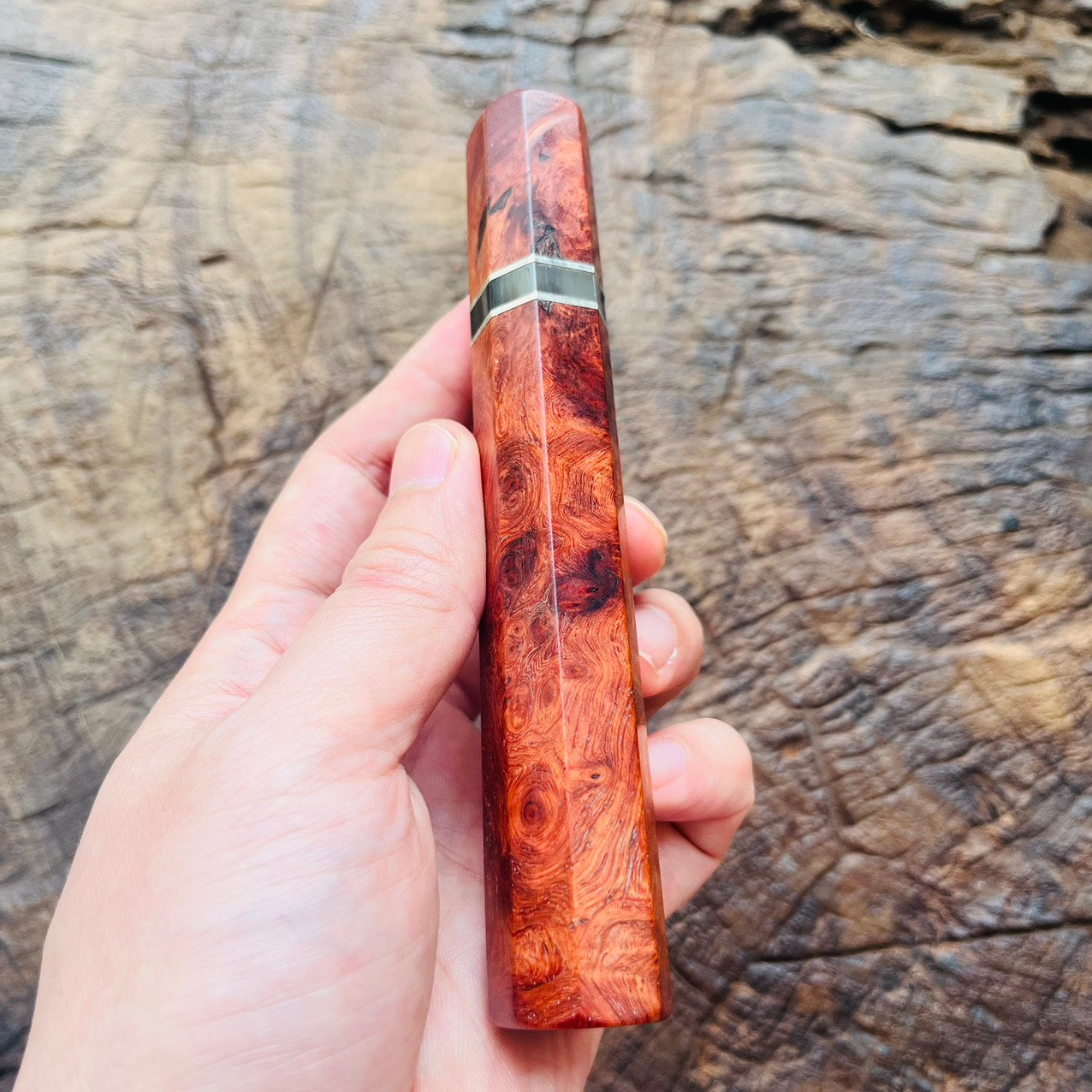 I- 5 Burl Amboyna Wa handle with marble horn, nickel ring - 140mm