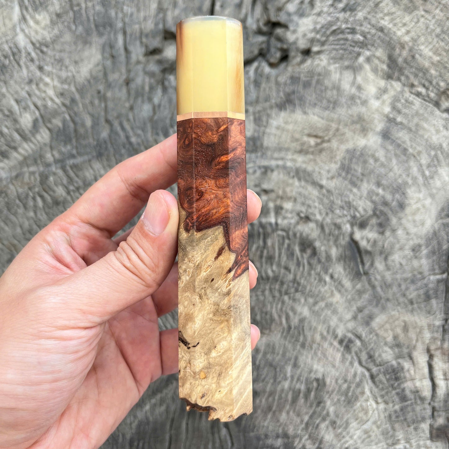 I -7 Two tone Amboyna burl Wa handle, Marble horn Ferrule, Copper spacer - 145 mm