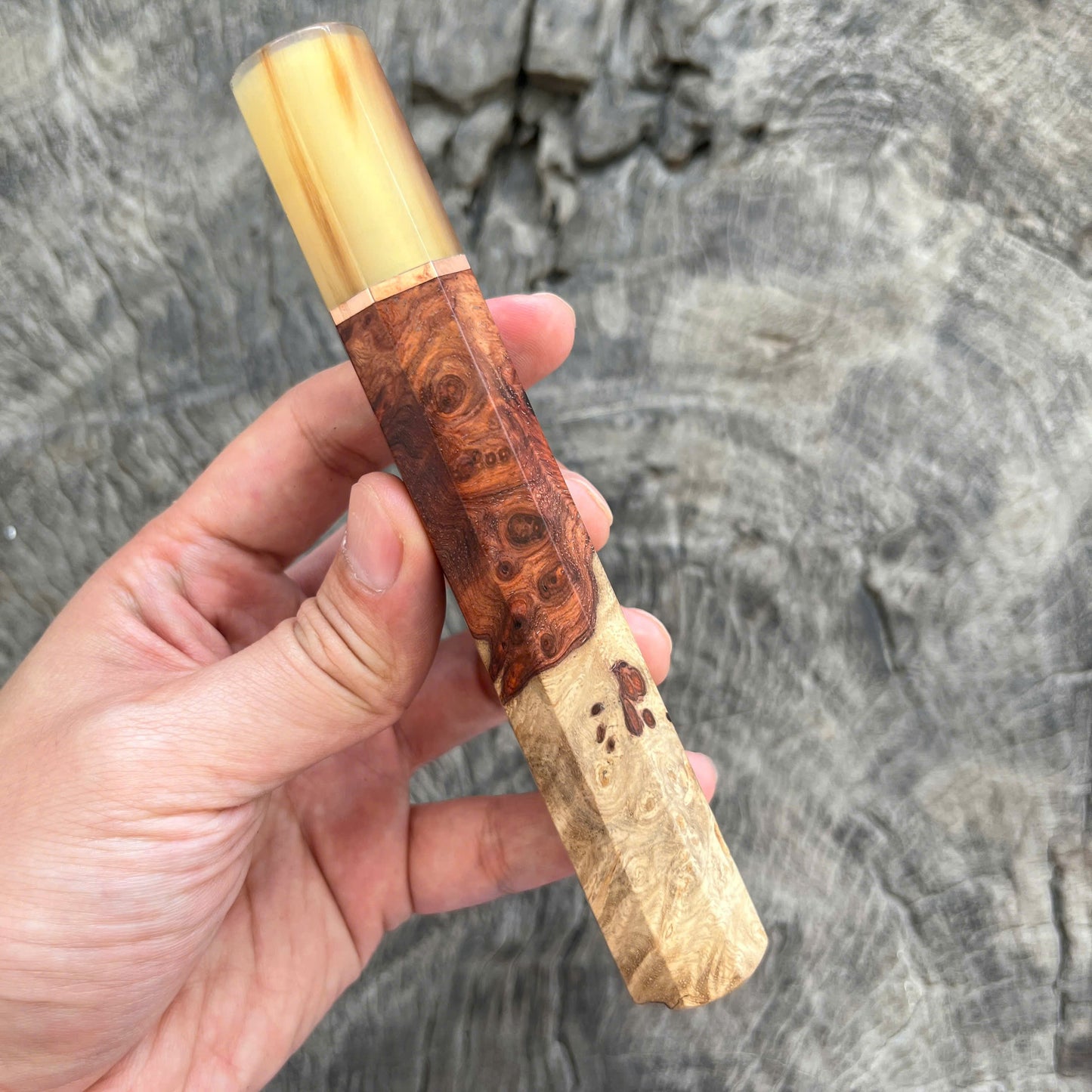 I -7 Two tone Amboyna burl Wa handle, Marble horn Ferrule, Copper spacer - 145 mm
