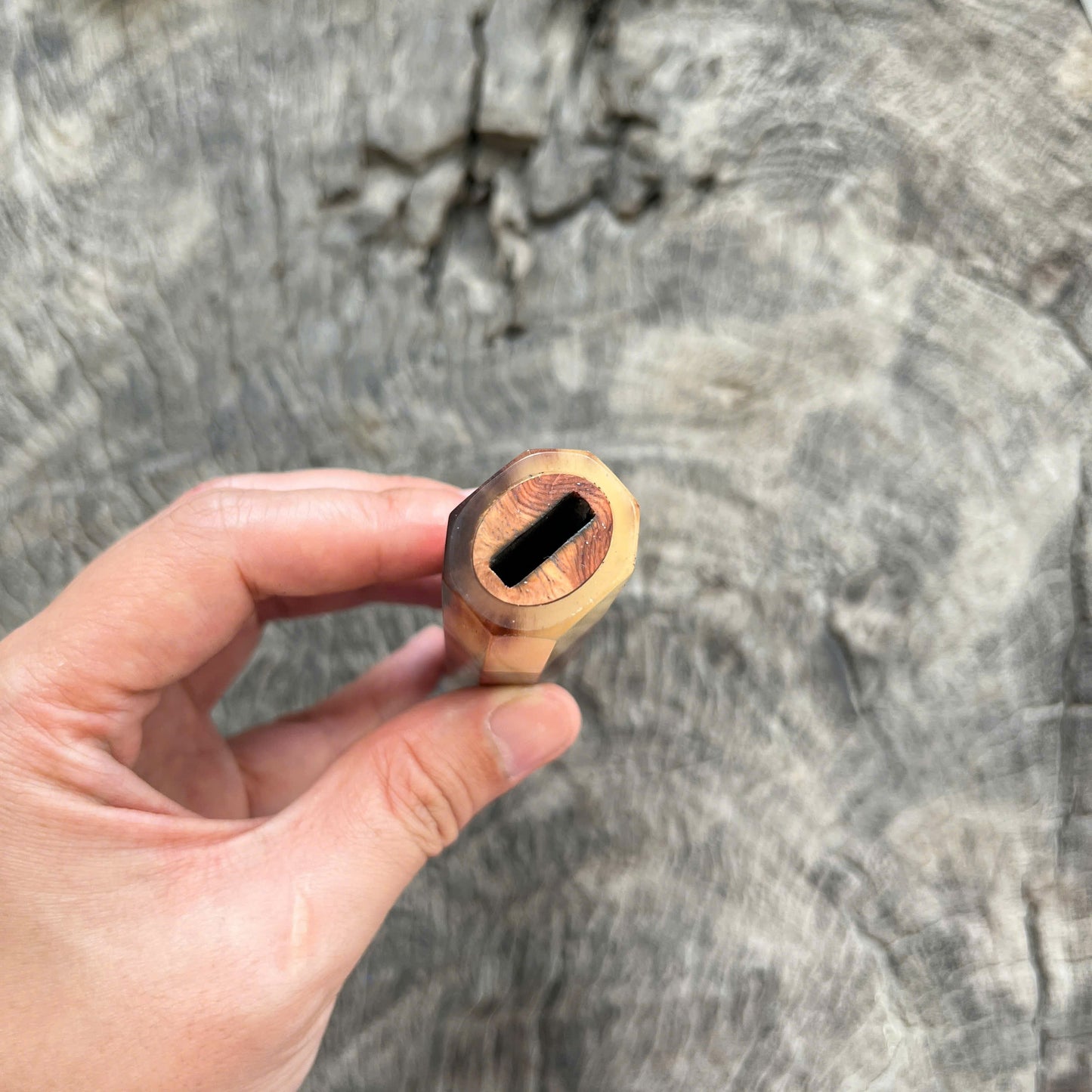 I -7 Two tone Amboyna burl Wa handle, Marble horn Ferrule, Copper spacer - 145 mm