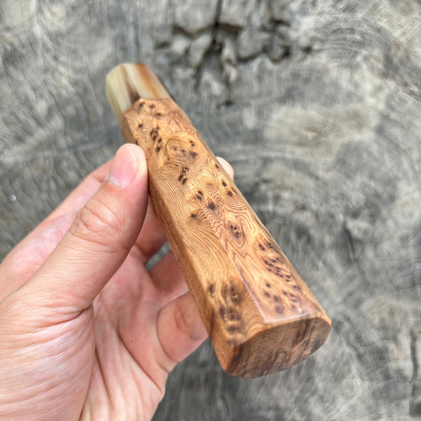 I -Chinese Cedar burl Wa handle, Marble horn Ferrule, 145 mm