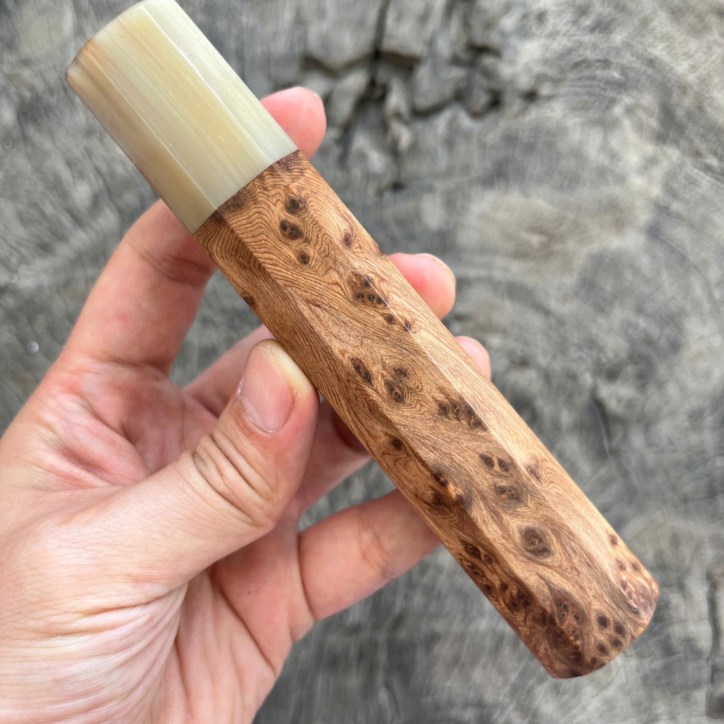 I -Chinese Cedar burl Wa handle, Marble horn Ferrule, 145 mm
