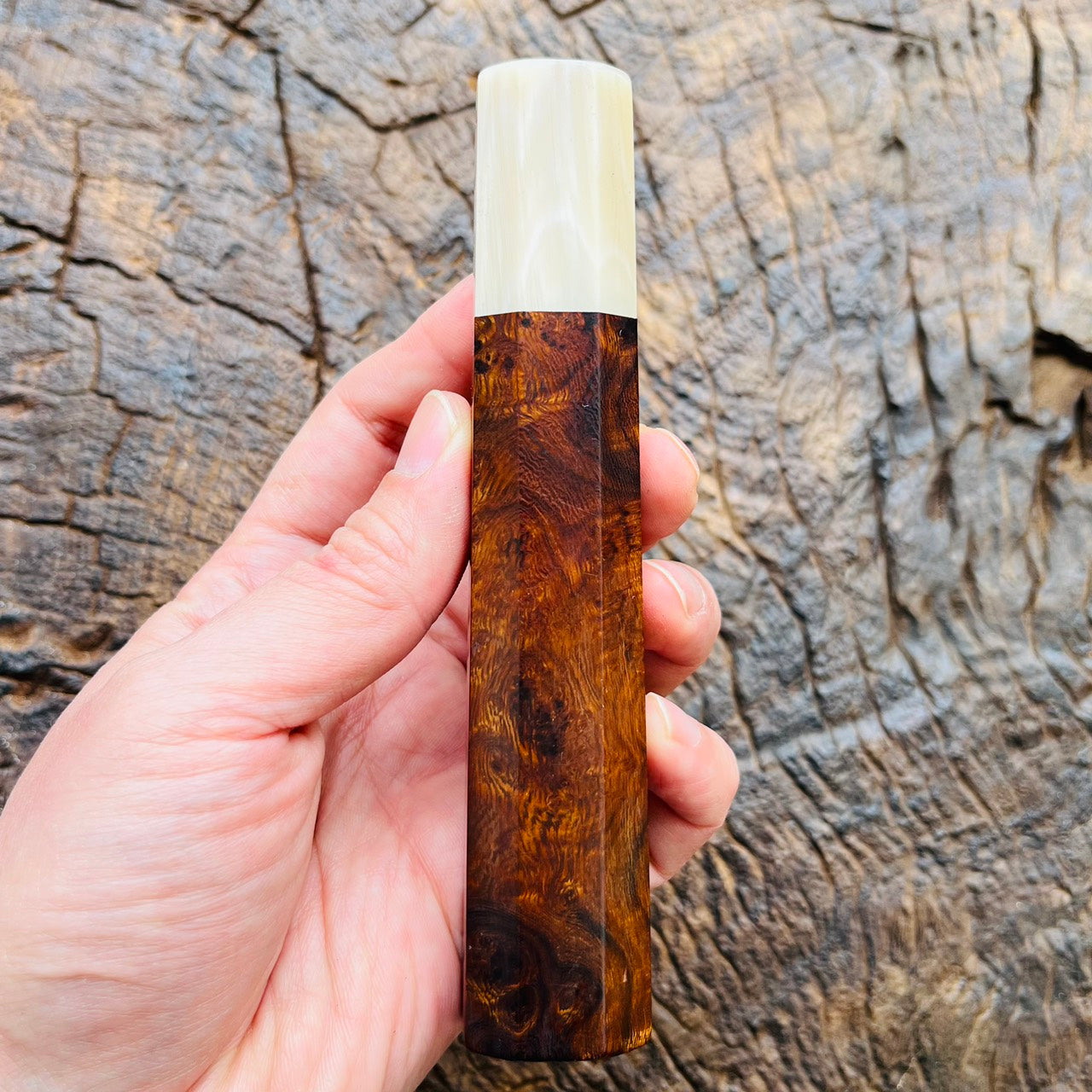 I- Stabilized burl wood Wa handle with cream horn ferrule - 140mm