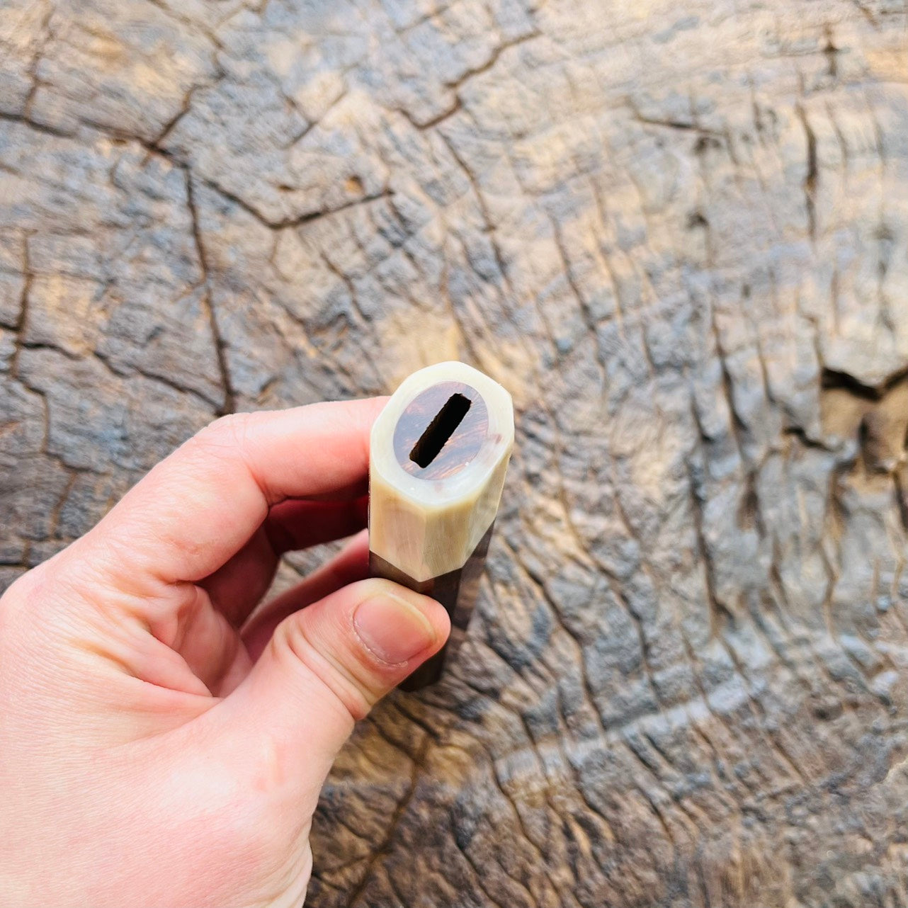 I- Stabilized burl wood Wa handle with cream horn ferrule - 140mm