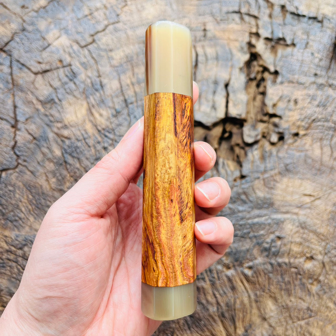 I- Huanghuali wood Wa handle with white horn ferrule end cap, 145mm