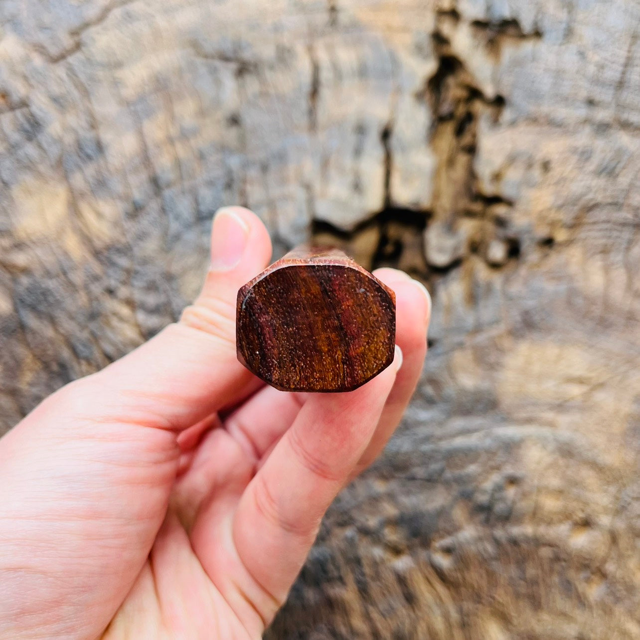 I- Old Huanghuali wood Wa handle with marble horn ferrule, 130mm