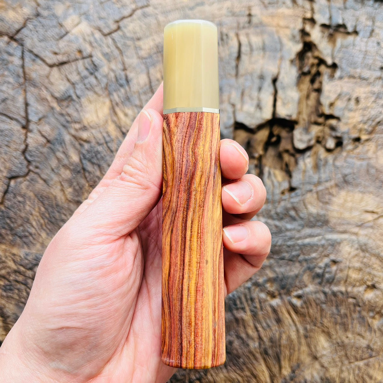 I- Huanghuali wood Wa handle with white horn ferrule and nickel spacer, 135mm