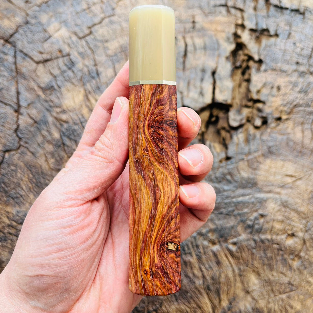 I- Huanghuali wood Wa handle with white horn ferrule and nickel spacer, 135mm
